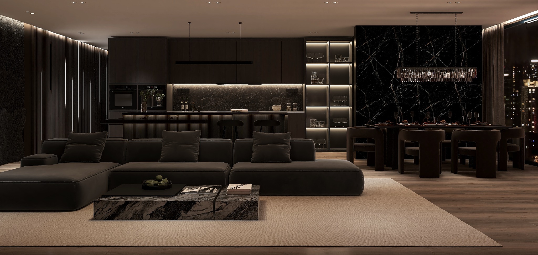 Elegant open-plan living, dining and kitchen interior