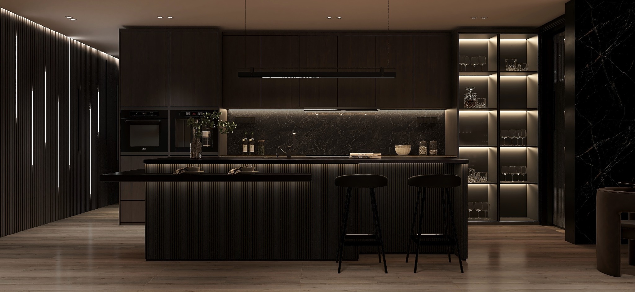 Elegant dark kitchen with natural stone and warm indirect lighting